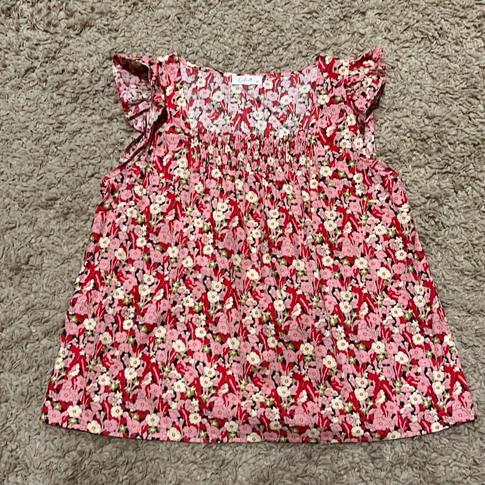 Calista Floral Print Ruffle Blouse Top Pink, Red, White Medium